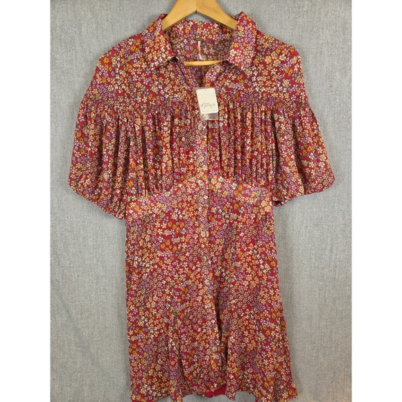 Free People Dresses & Skirts - Free People L Bonnie Dark Pink Floral Mini Dress Empire Waist Boho‎ Prairie NEW